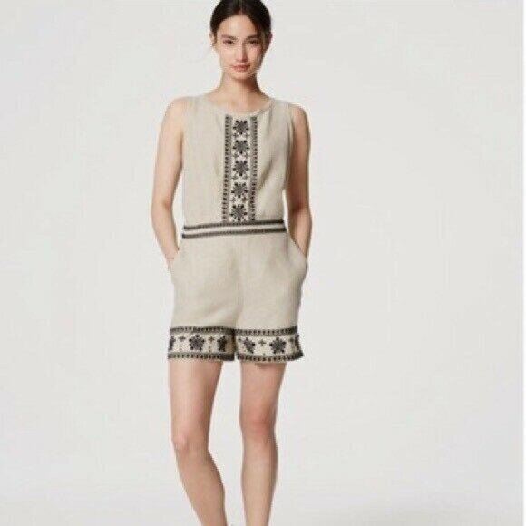 LOFT Linen Embroidered Floral Romper 2 Boho - Picture 1 of 8